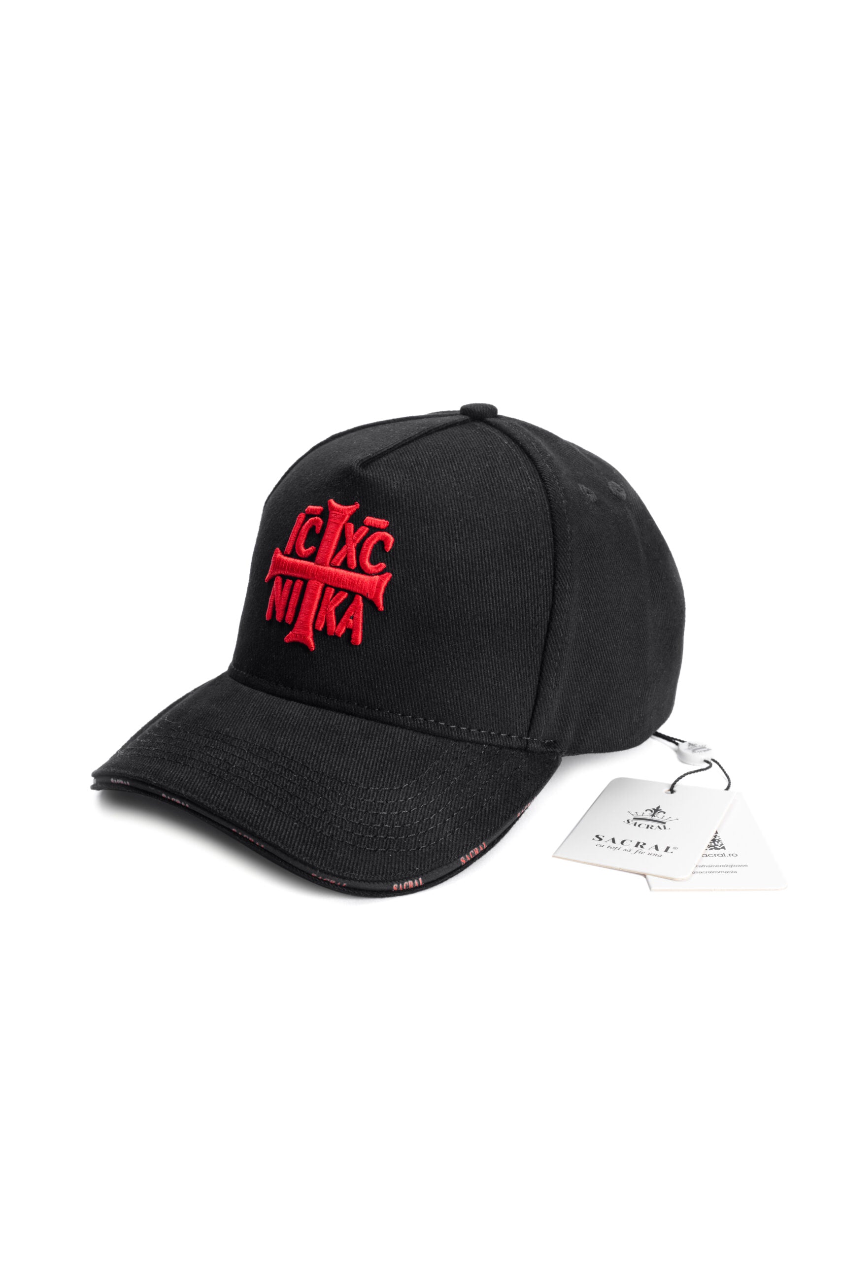 SACRAL Orthodox Cap with Printed Brim | 3D Jesus Christ Cross Embroidery | Premium Black Cotton