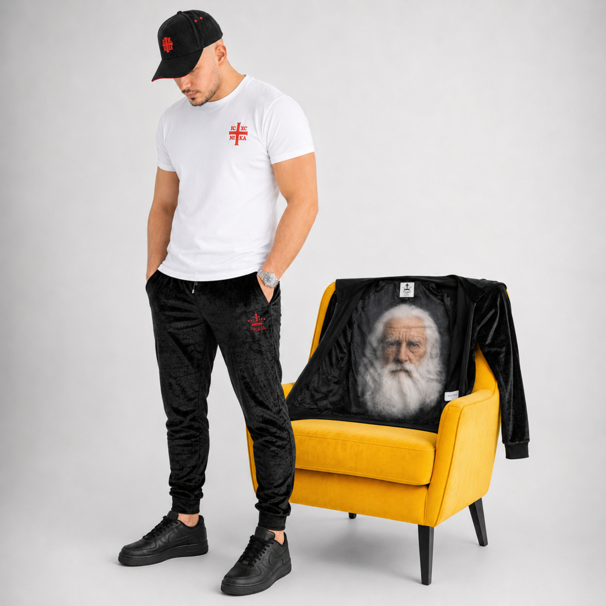 New SACRAL Black Velvet Tracksuit | Orthodox Embroidery | Printed Face of Wisdom Lining
