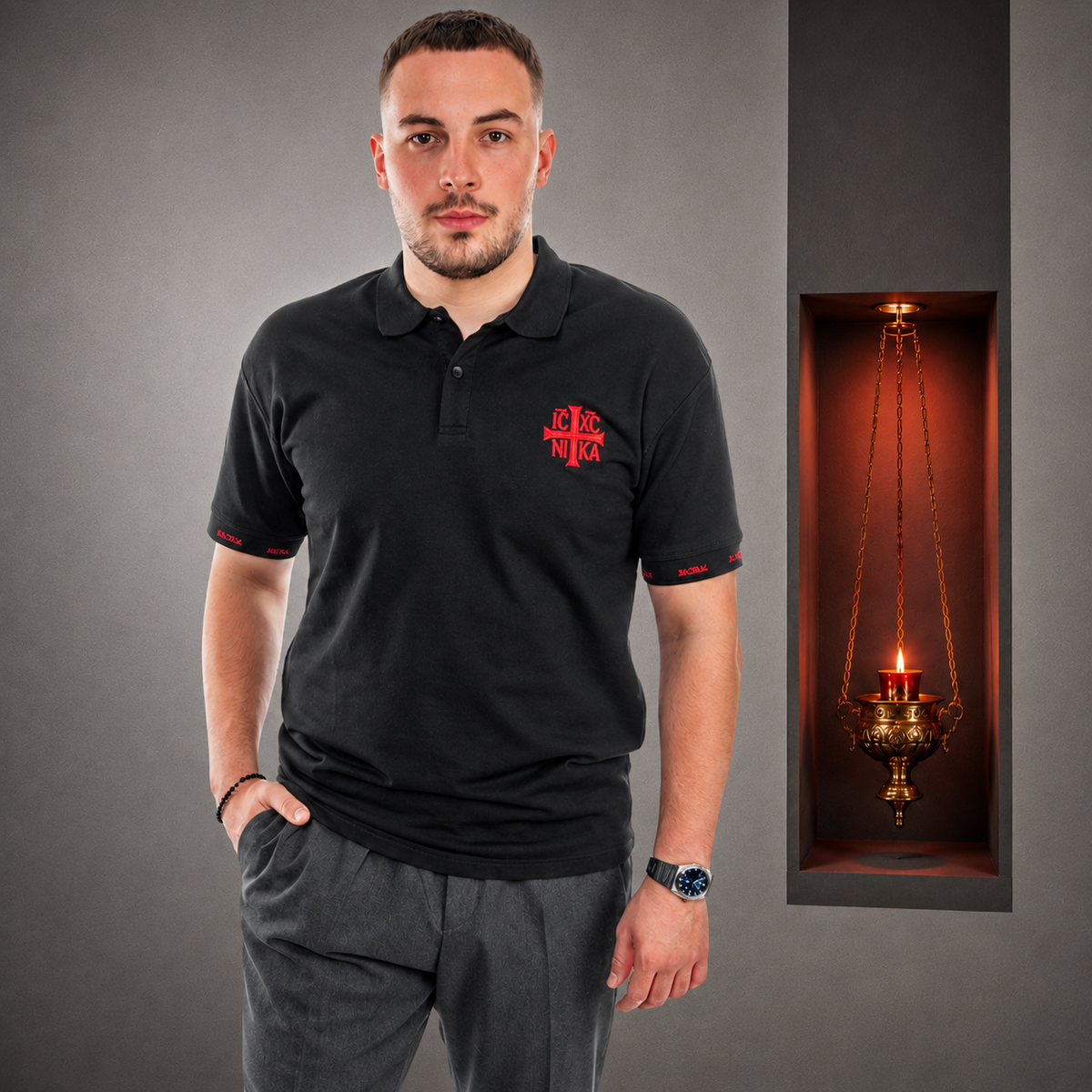 SACRAL Orthodox Polo Shirt | Embroidered Jesus Christ Conquers (IC XC NIKA) | 240 gsm USA Cotton
