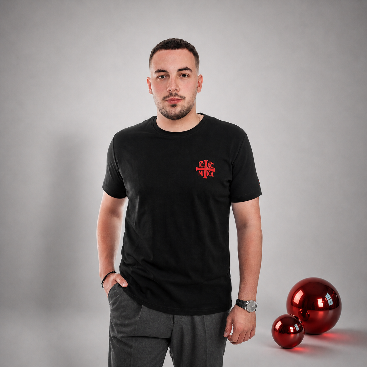 SACRAL Orthodox Christian T-Shirt | Embroidered Jesus Christ Conquers IC XC NIKA | 215 gsm USA Cotton