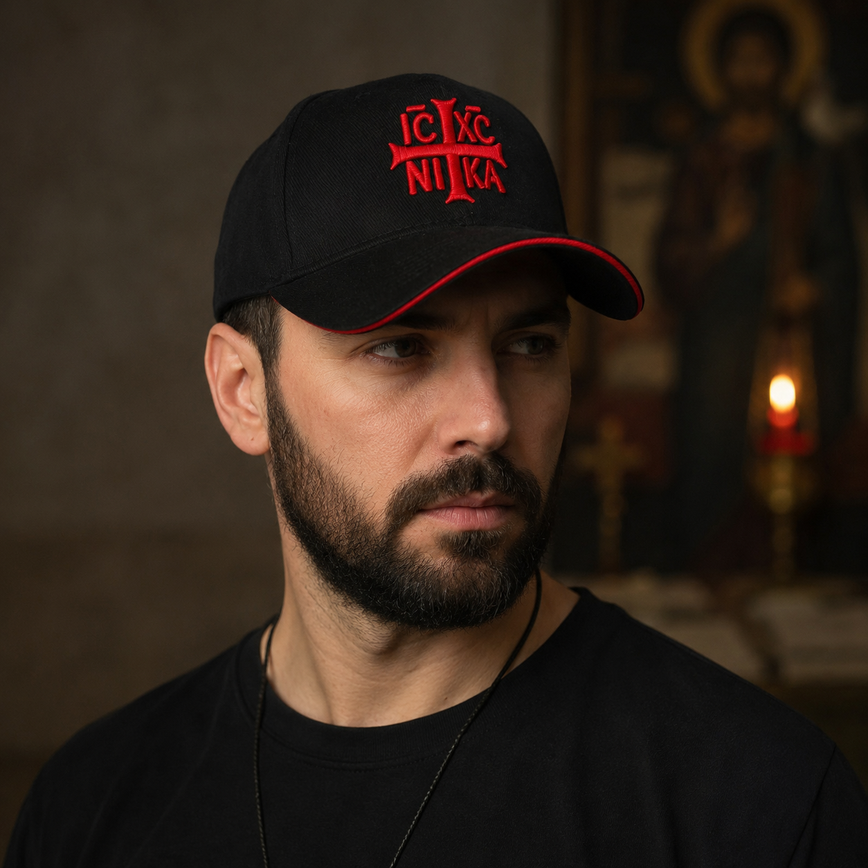SACRAL Orthodox Cap with Red Brim | 3D Jesus Christ Cross Embroidery | Premium Black Cotton