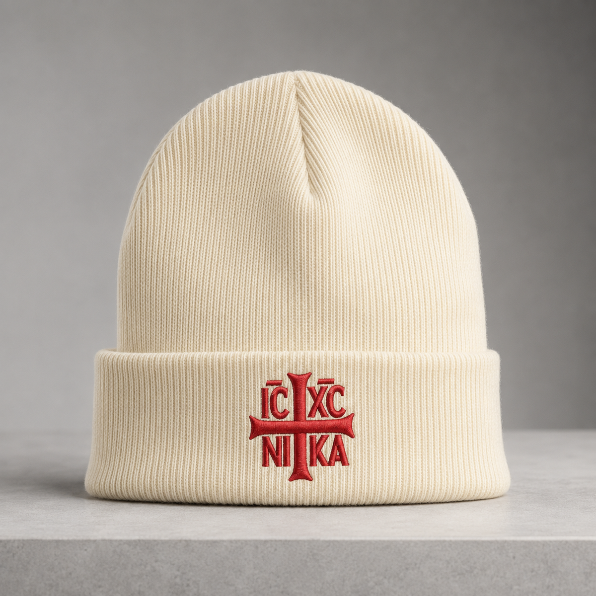 SACRAL Cream Orthodox Beanie | Embroidered IC XC NIKA | Organic Cotton