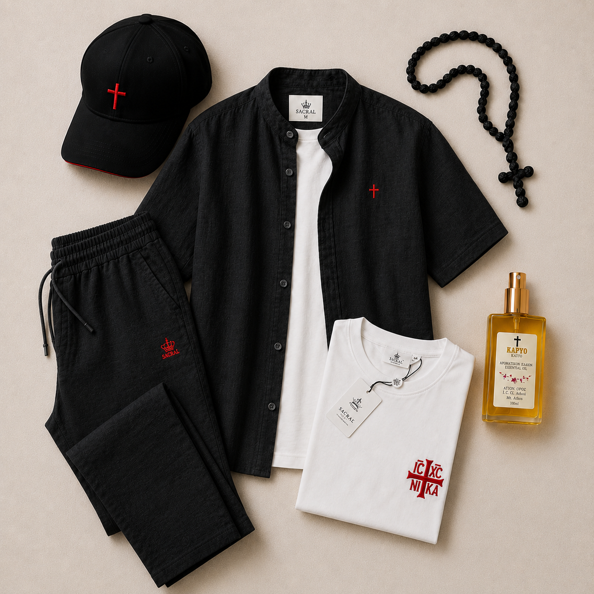Summer Orthodox SACRAL Set | 6 Embroidered Pieces | Linen-Look & Cotton | Mount Athos Fragrance | Black