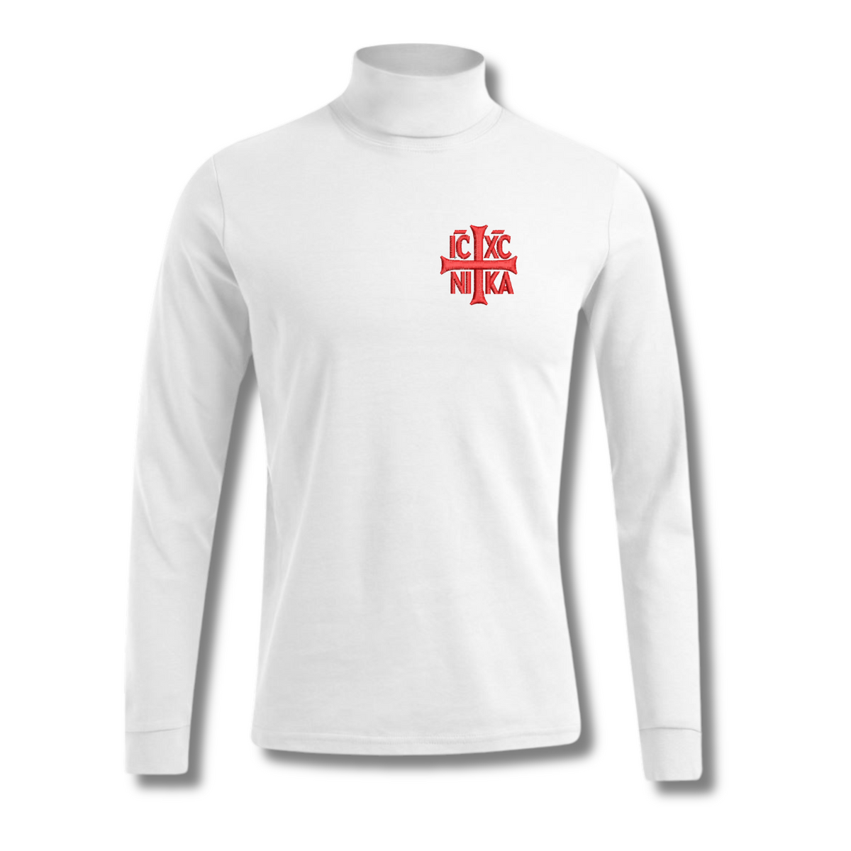 White SACRAL Turtleneck | Embroidered Orthodox Jesus Christ Monogram | 100% Ring-Spun Cotton