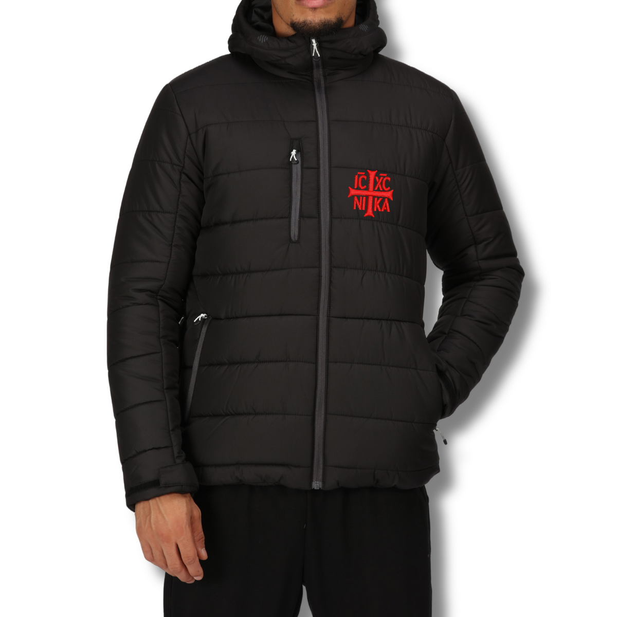 SACRAL Black Winter Jacket | WARMLOFT Insulation | Embroidered Holy Cross | Waterproof