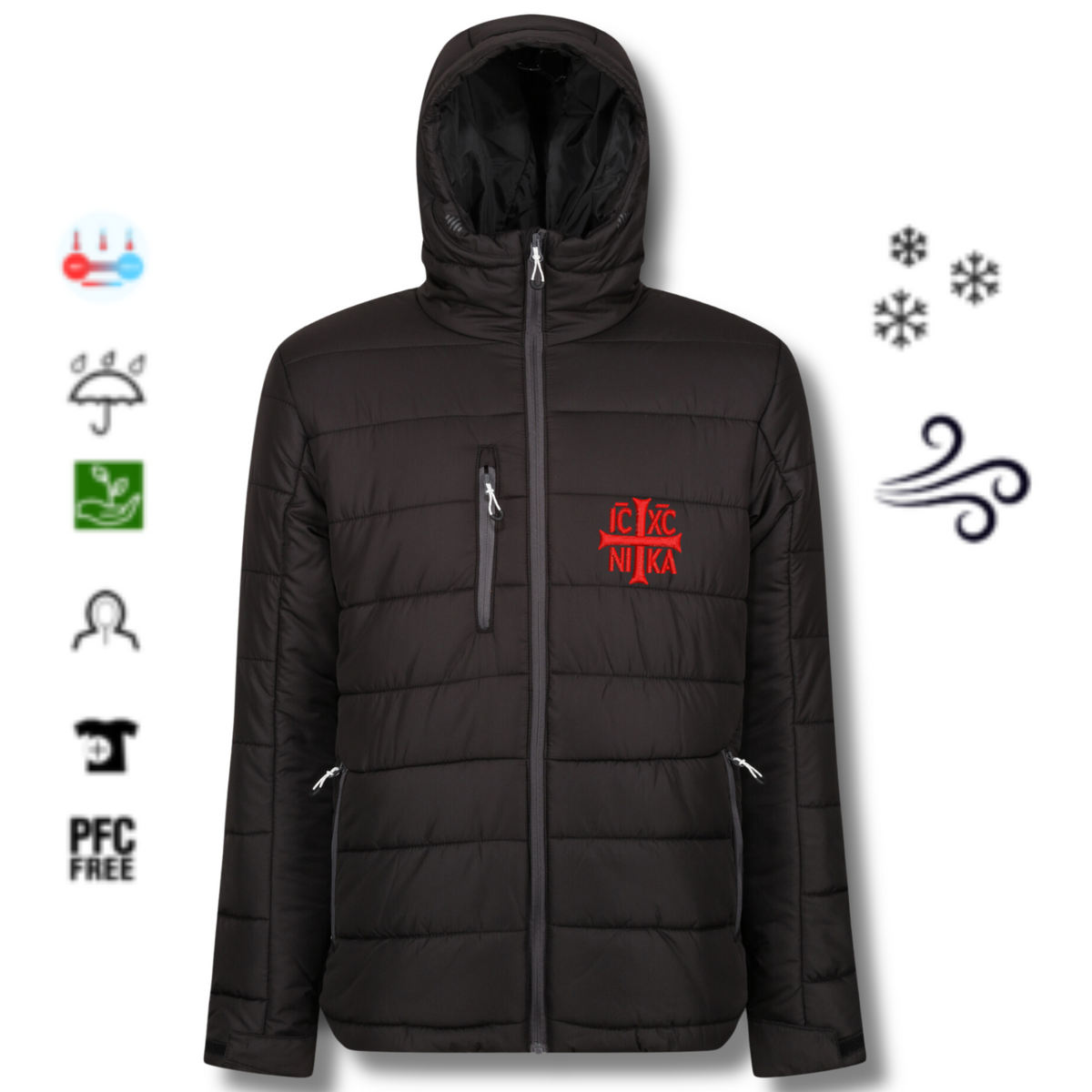 SACRAL Black Winter Jacket | WARMLOFT Insulation | Embroidered Holy Cross | Waterproof