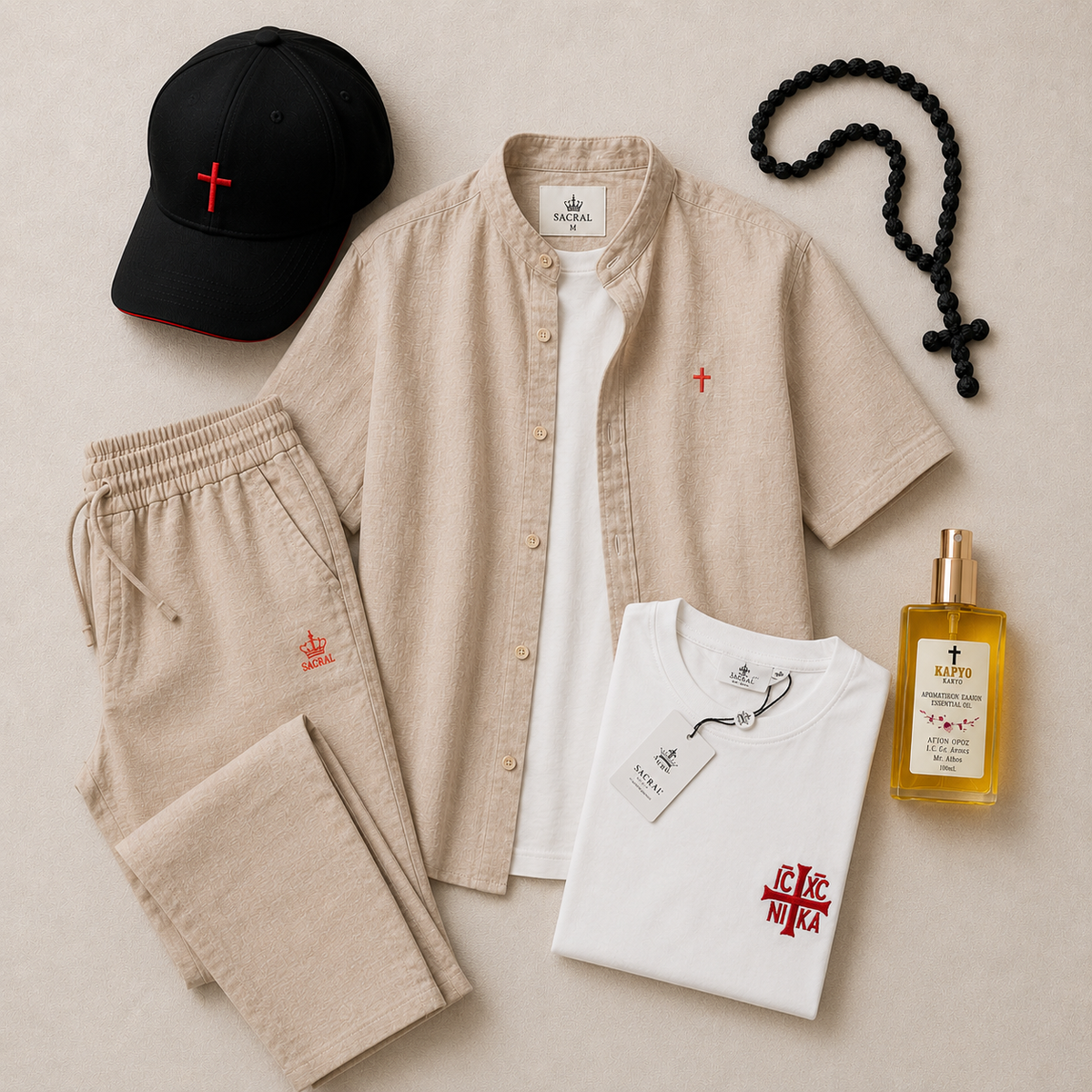 Summer Orthodox SACRAL Set | 6 Embroidered Pieces | Linen-Look & Cotton | Mount Athos Fragrance | Beige