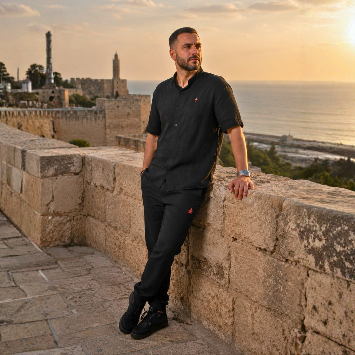 SACRAL Shirt & Trousers Set | Linen-Look Fabric | Black