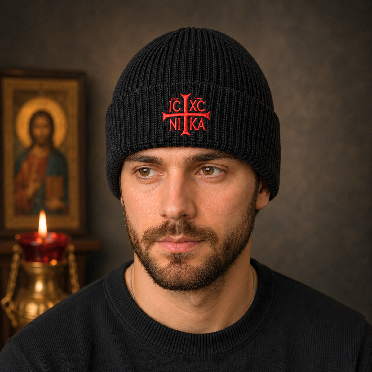 SACRAL Knitted Orthodox Beanie | Embroidered Holy Cross & IC XC NIKA | Made in Romania