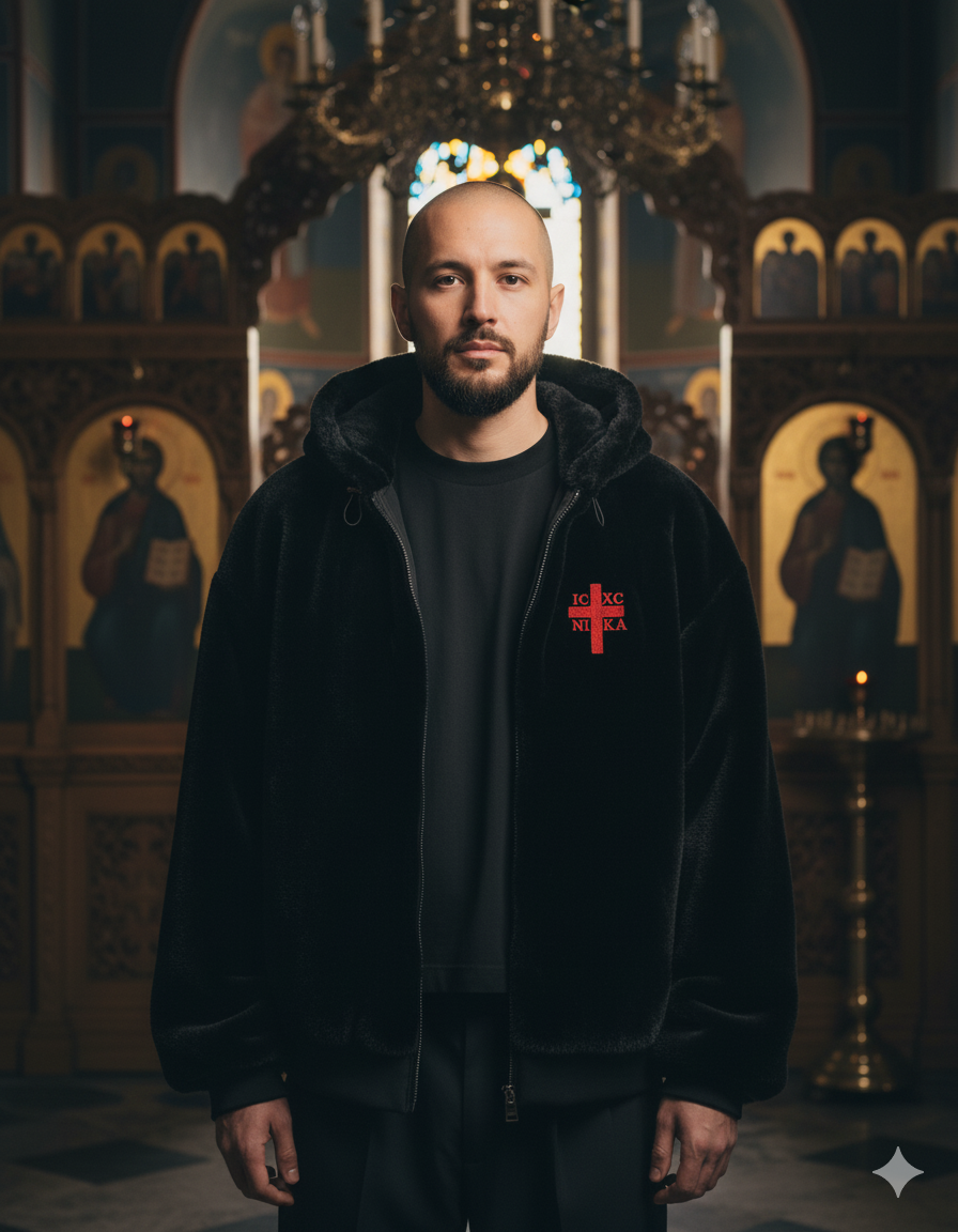 SACRAL Men's Fur Coat | Embroidered Holy Cross | 100 gsm Microfiber Lining & Printed Interior