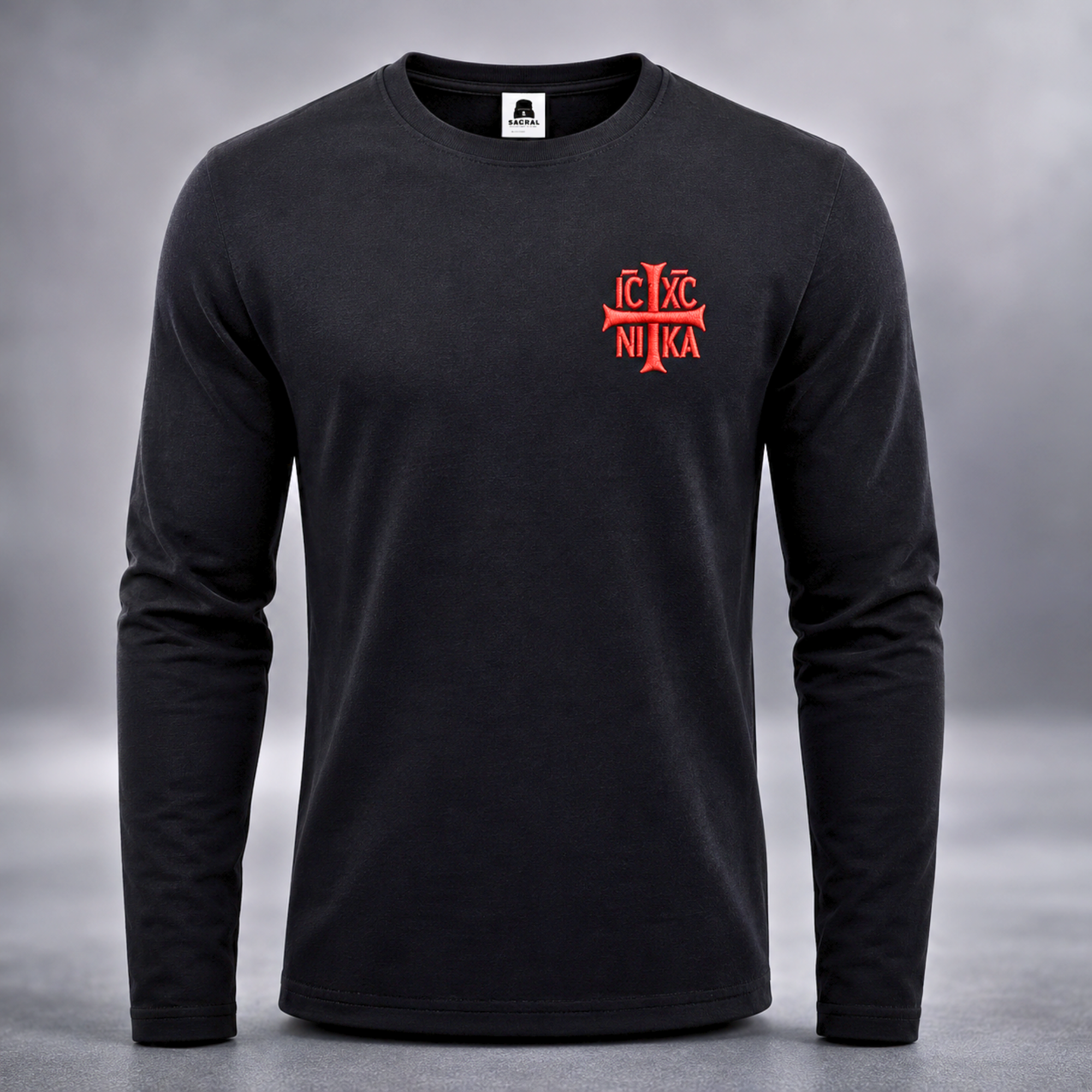 SACRAL Lightweight Orthodox Long-Sleeve Top | Embroidered Holy Cross & IC XC NIKA | Mount Athos Pilgrimage