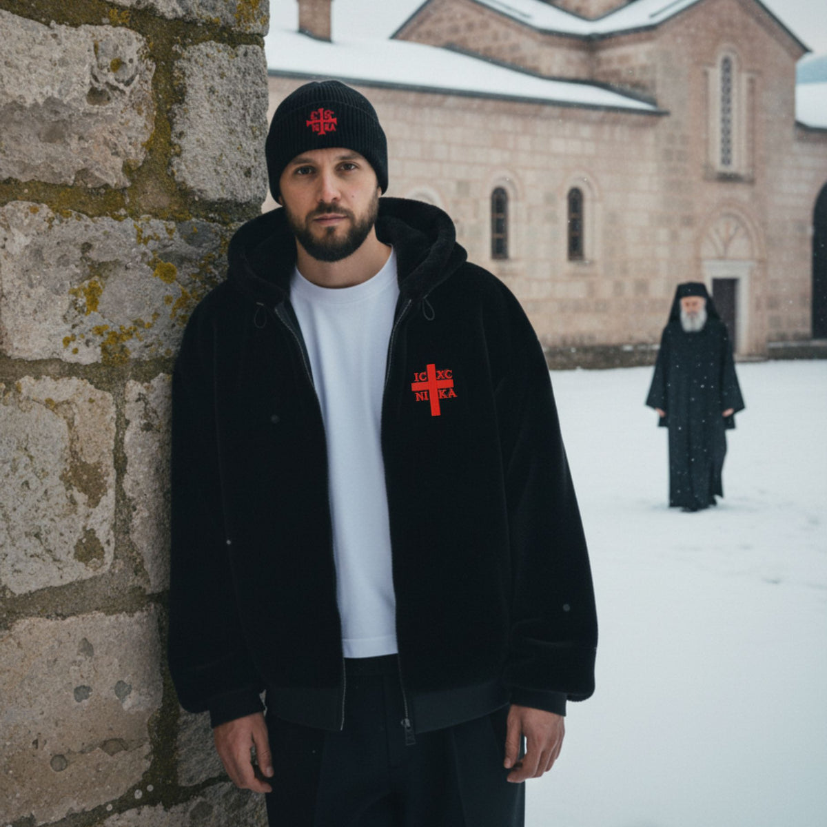 SACRAL Men's Fur Coat | Embroidered Holy Cross | 100 gsm Microfiber Lining & Printed Interior