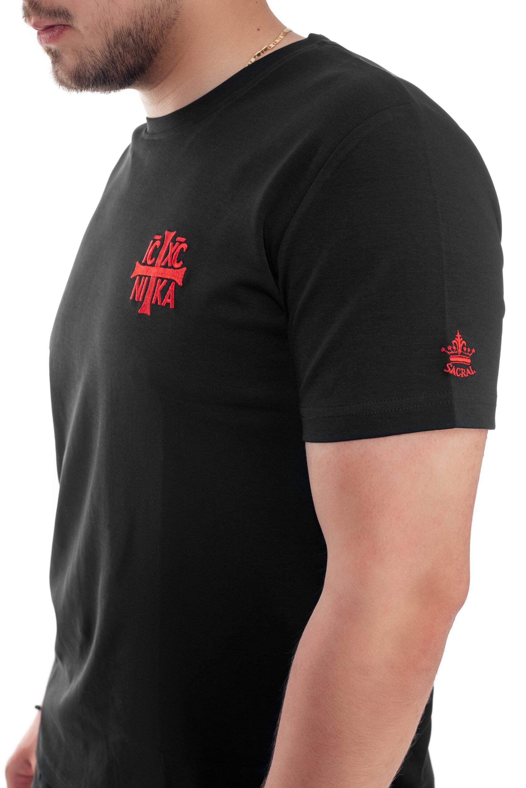 SACRAL Orthodox Christian T-Shirt | Embroidered Jesus Christ Conquers IC XC NIKA | 215 gsm USA Cotton