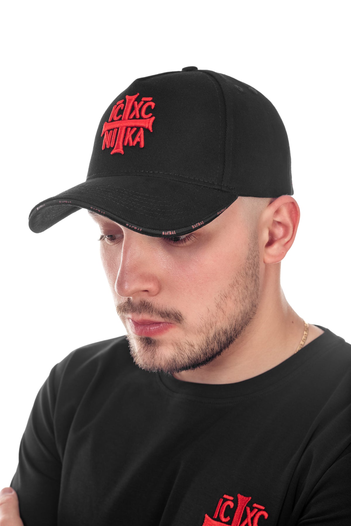 SACRAL Orthodox Cap with Printed Brim | 3D Jesus Christ Cross Embroidery | Premium Black Cotton