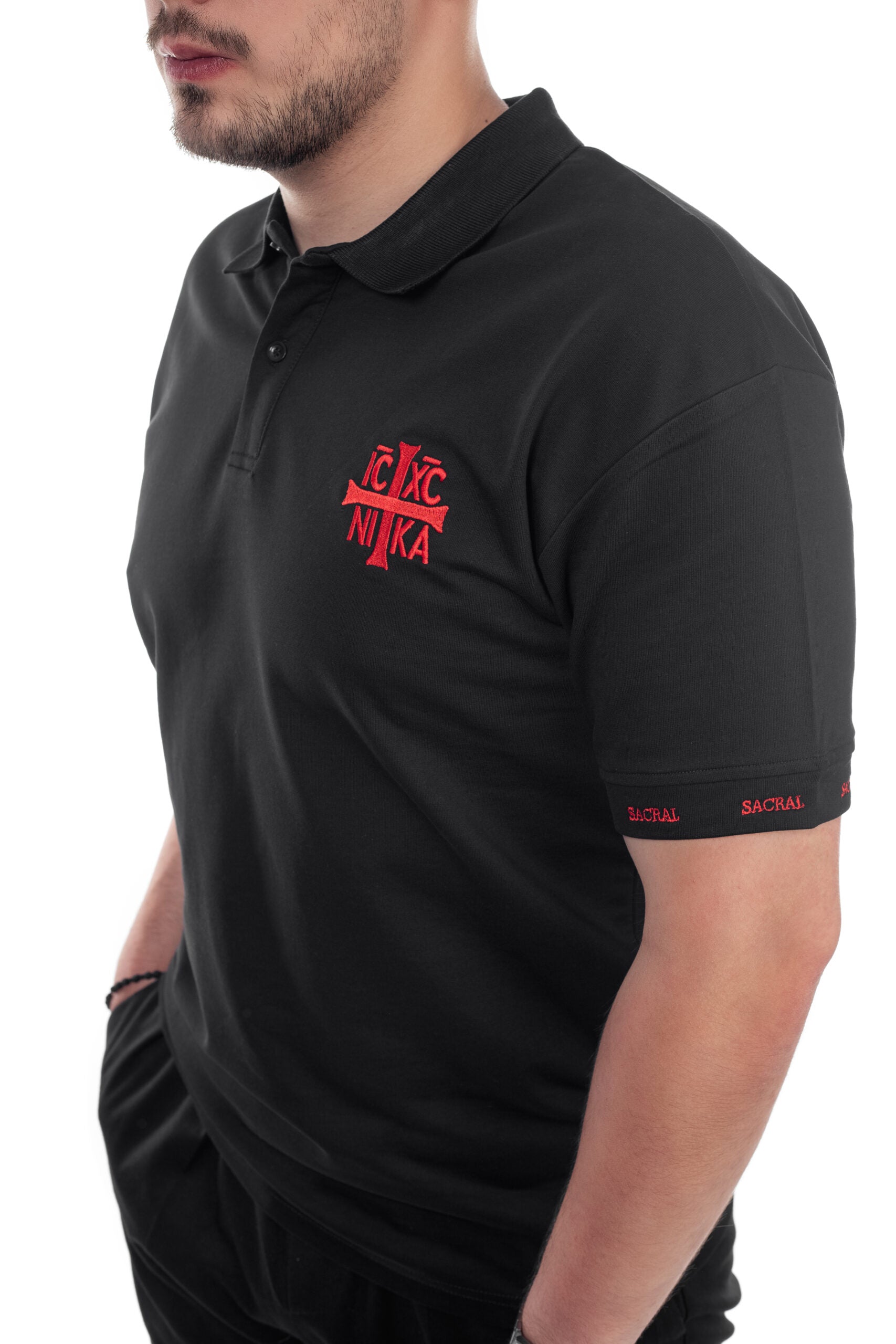 SACRAL Orthodox Polo Shirt | Embroidered Jesus Christ Conquers (IC XC NIKA) | 240 gsm USA Cotton
