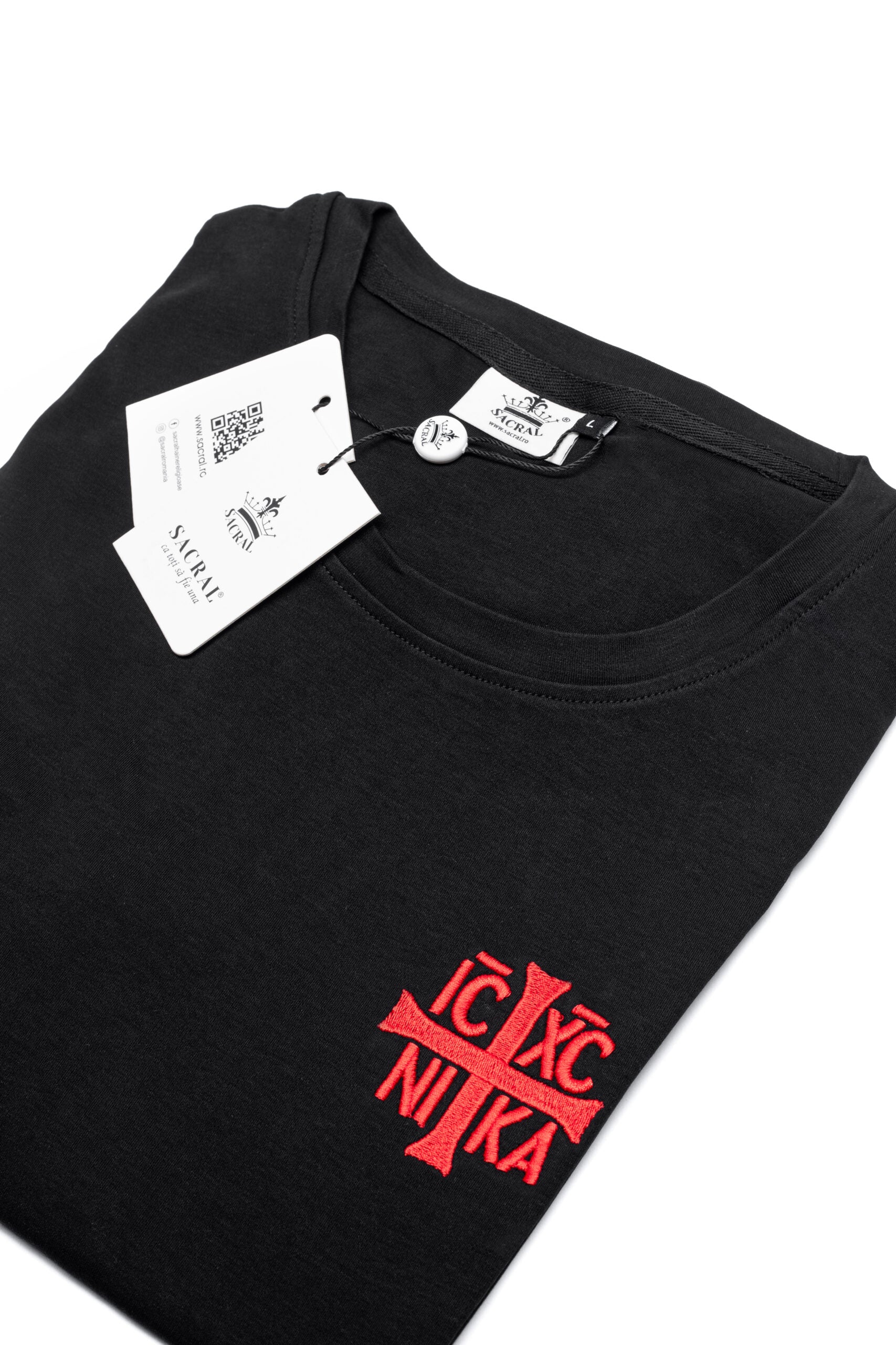 SACRAL Orthodox Christian T-Shirt | Embroidered Jesus Christ Conquers IC XC NIKA | 215 gsm USA Cotton