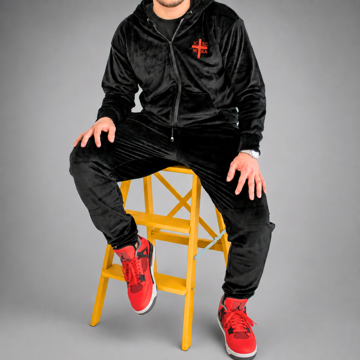 New SACRAL Black Velvet Tracksuit | Orthodox Embroidery | Printed Face of Wisdom Lining