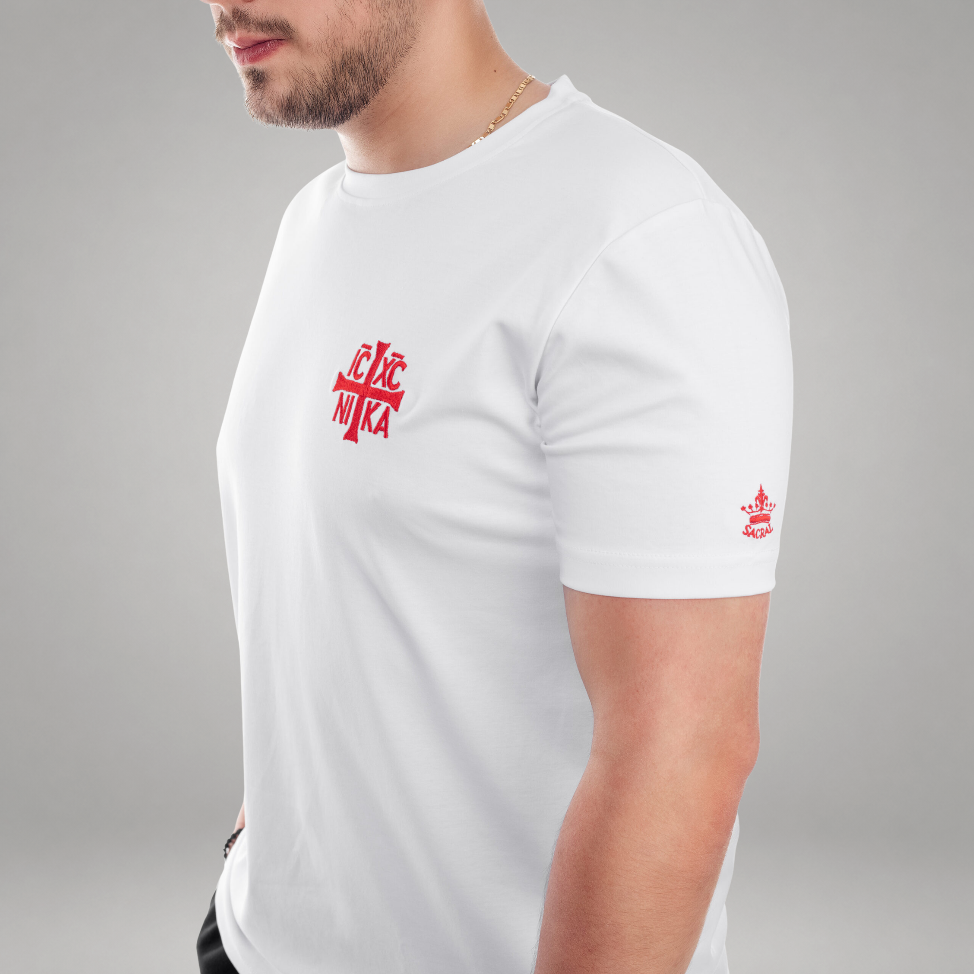 White SACRAL Orthodox T-Shirt | Embroidered Jesus Christ Conquers IC XC NIKA | 215 gsm USA Cotton