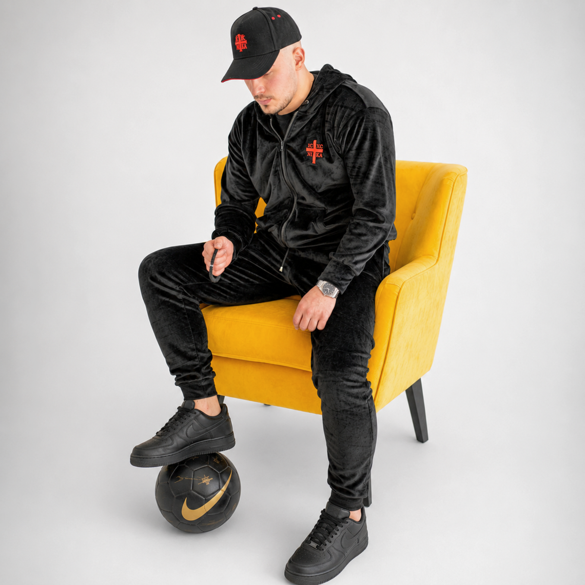 New SACRAL Black Velvet Tracksuit | Orthodox Embroidery | Printed Face of Wisdom Lining