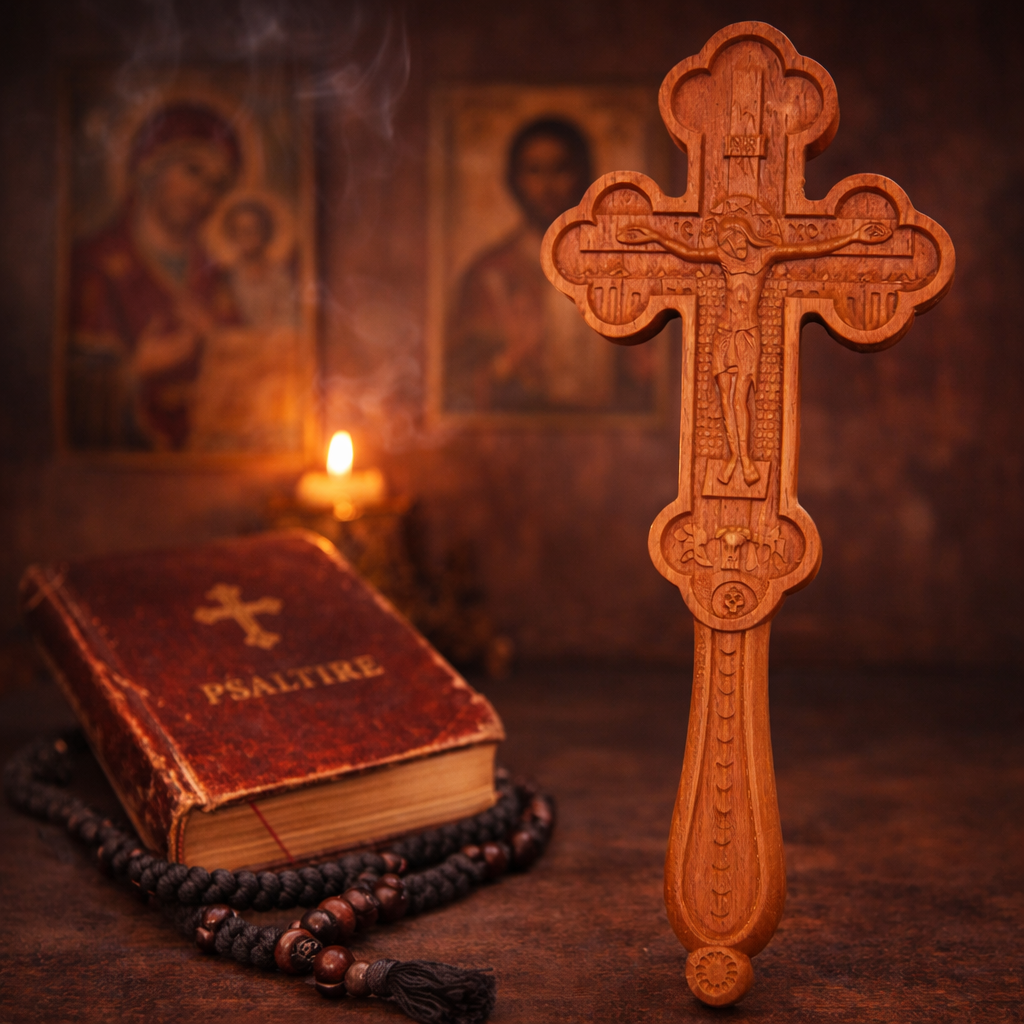Double-Sided Carved Wooden Blessing Cross | 18 cm
