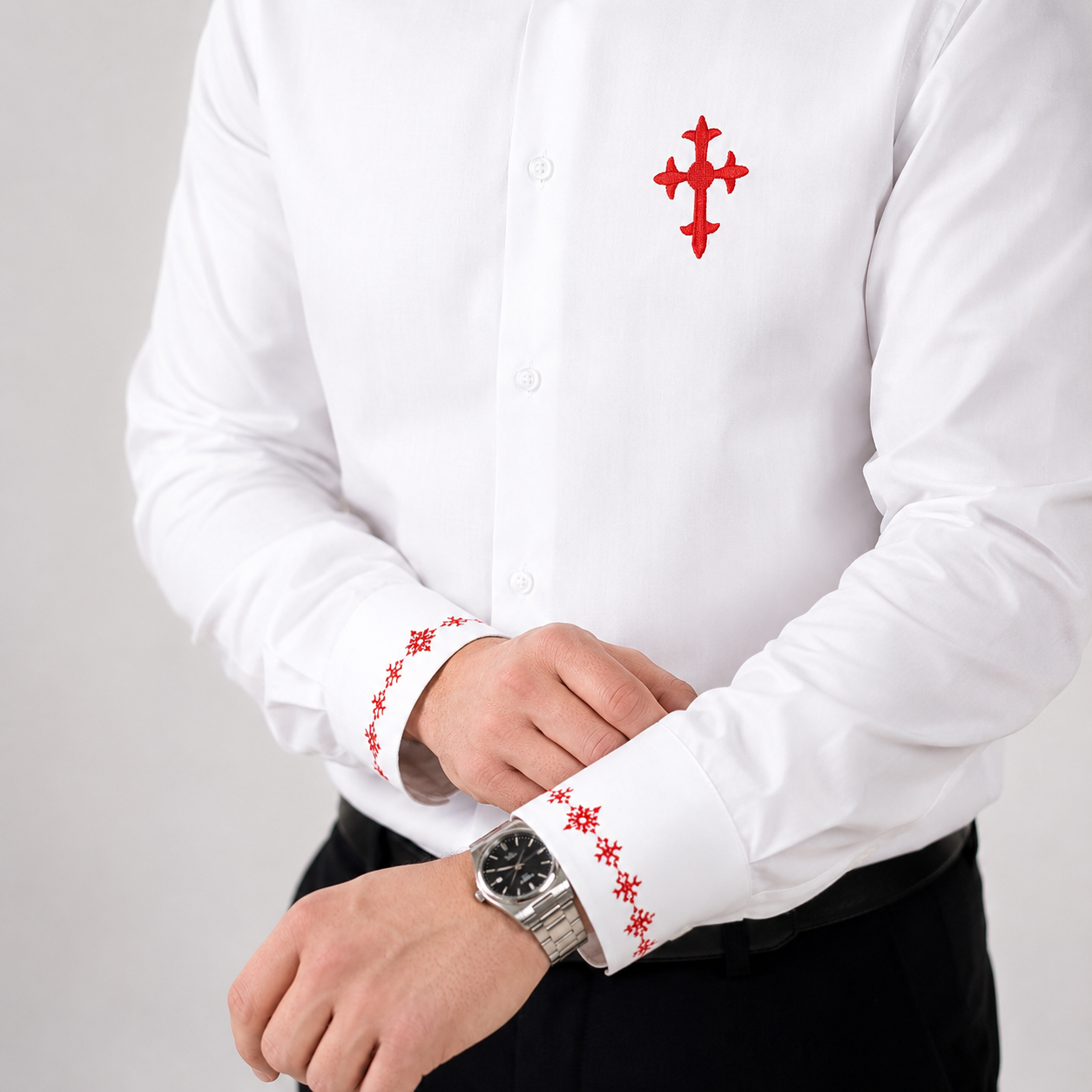 Luxury White Business Shirt | Embroidered Holy Cross | Non-Iron Cotton