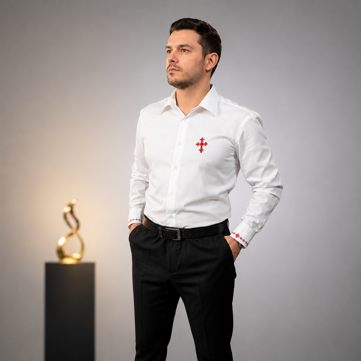 Luxury White Business Shirt | Embroidered Holy Cross | Non-Iron Cotton