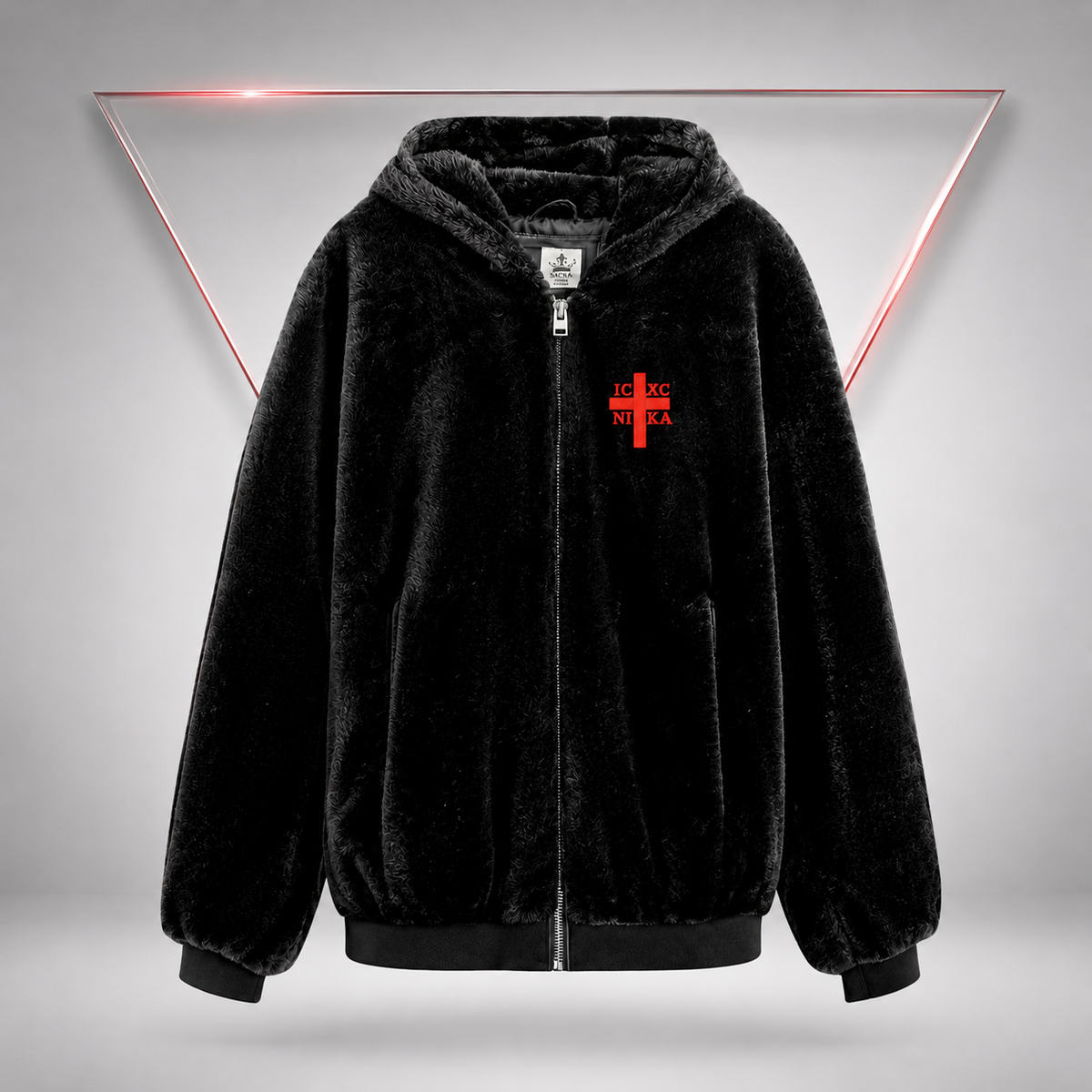 SACRAL Men's Fur Coat | Embroidered Holy Cross | 100 gsm Microfiber Lining & Printed Interior