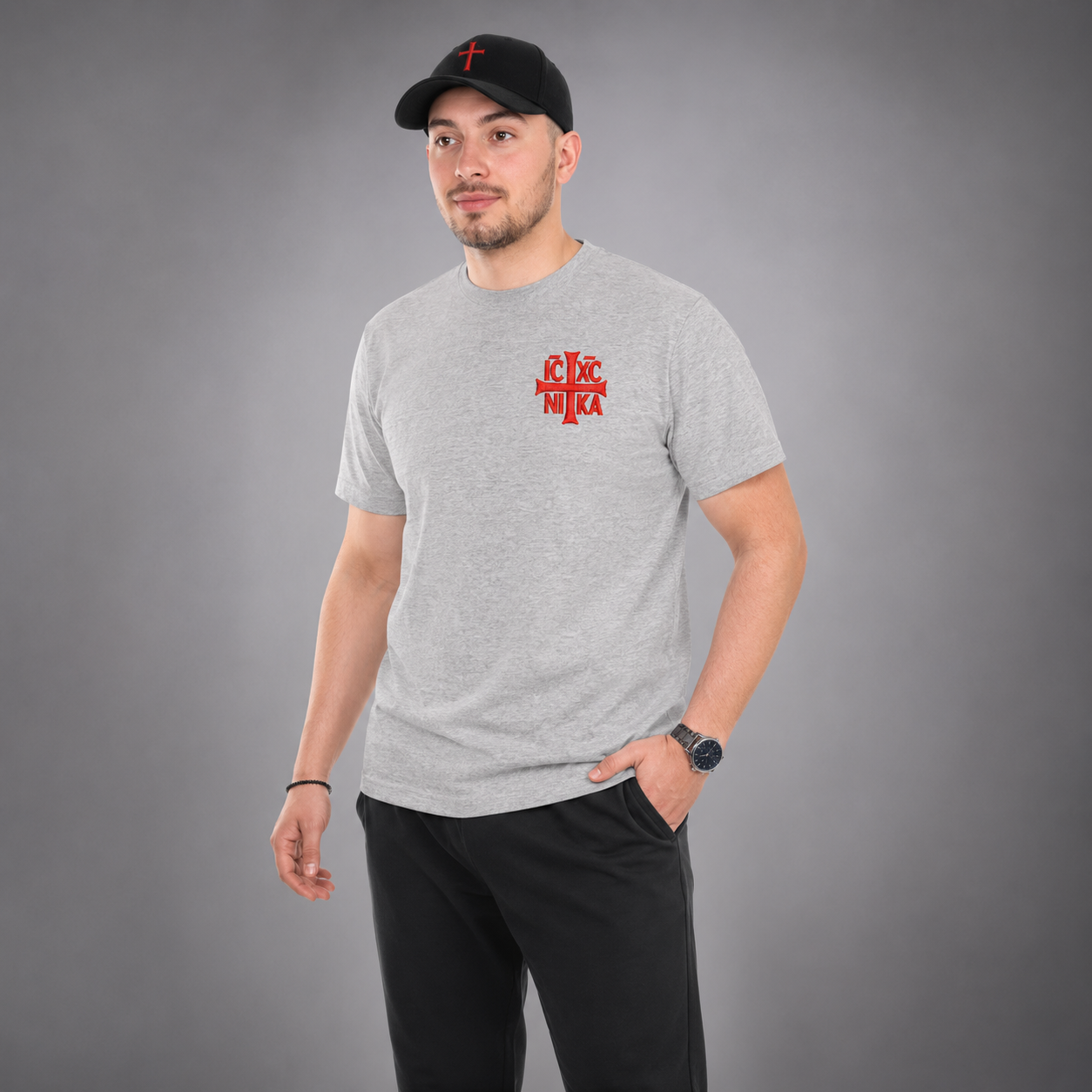 Grey SACRAL Orthodox T-Shirt | Embroidered Holy Cross & IC XC NIKA | Premium Cotton