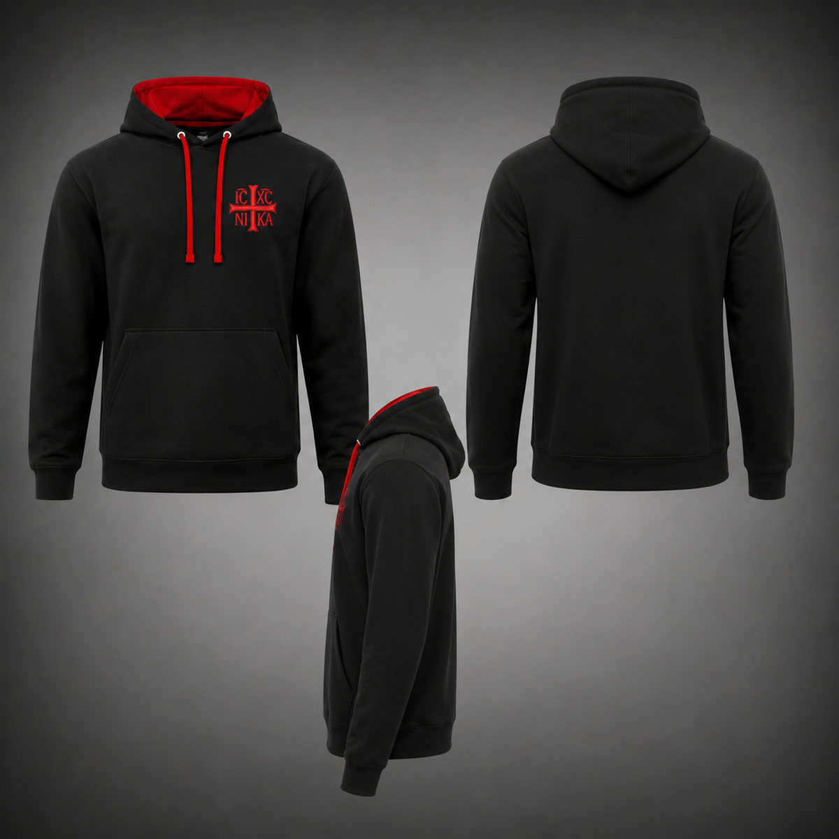 SACRAL Black & Red Orthodox Hoodie | Embroidered Holy Cross & IC XC NIKA | Certified Cotton