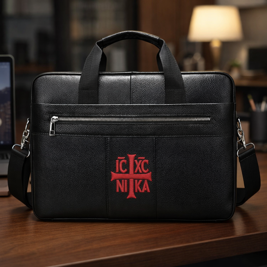 SACRAL Genuine Leather Briefcase | Embroidered Orthodox IC XC NIKA