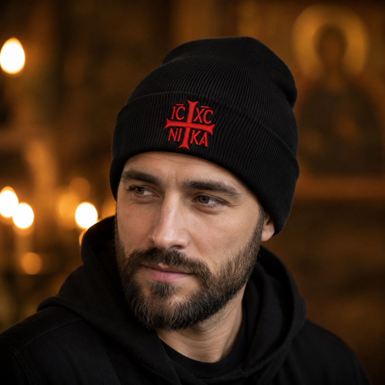 SACRAL Organic Cotton Orthodox Beanie | Embroidered Jesus Christ IC XC NIKA