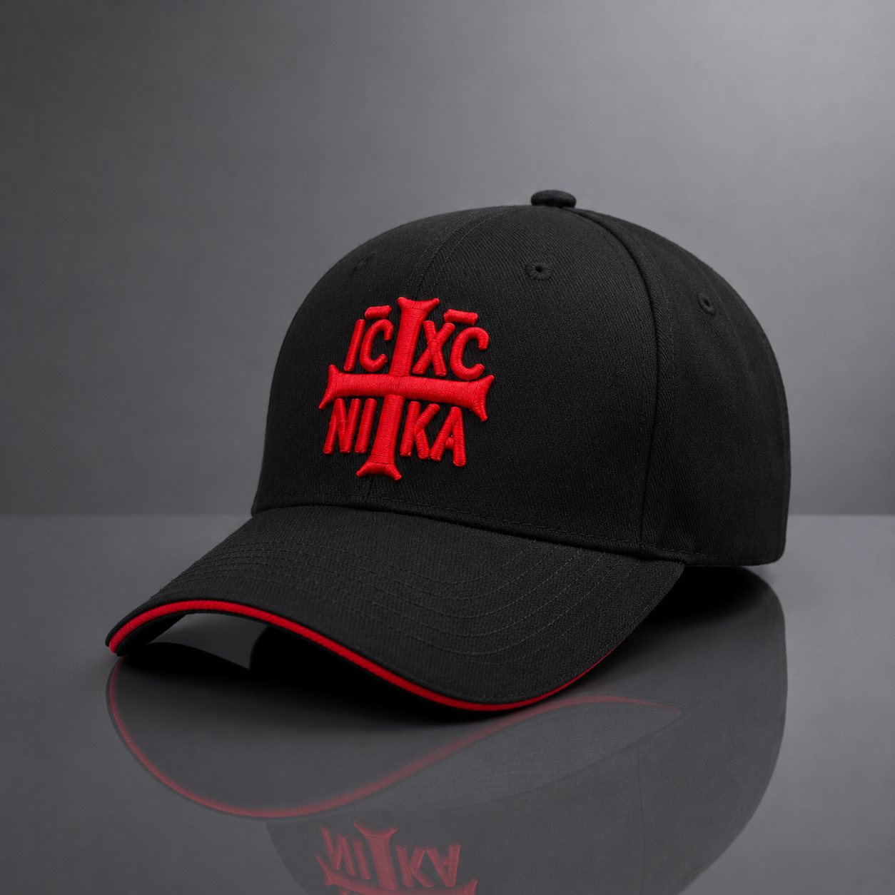 SACRAL Orthodox Cap with Red Brim | 3D Jesus Christ Cross Embroidery | Premium Black Cotton