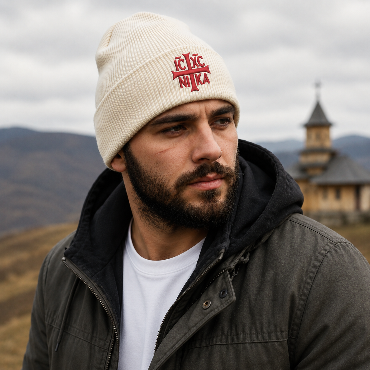 SACRAL Cream Orthodox Beanie | Embroidered IC XC NIKA | Organic Cotton