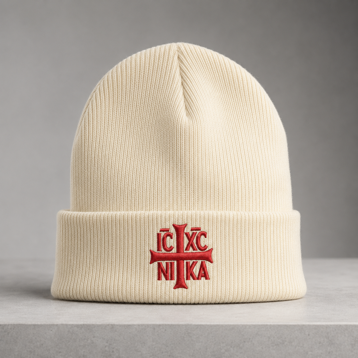SACRAL Cream Orthodox Beanie | Embroidered IC XC NIKA | Organic Cotton