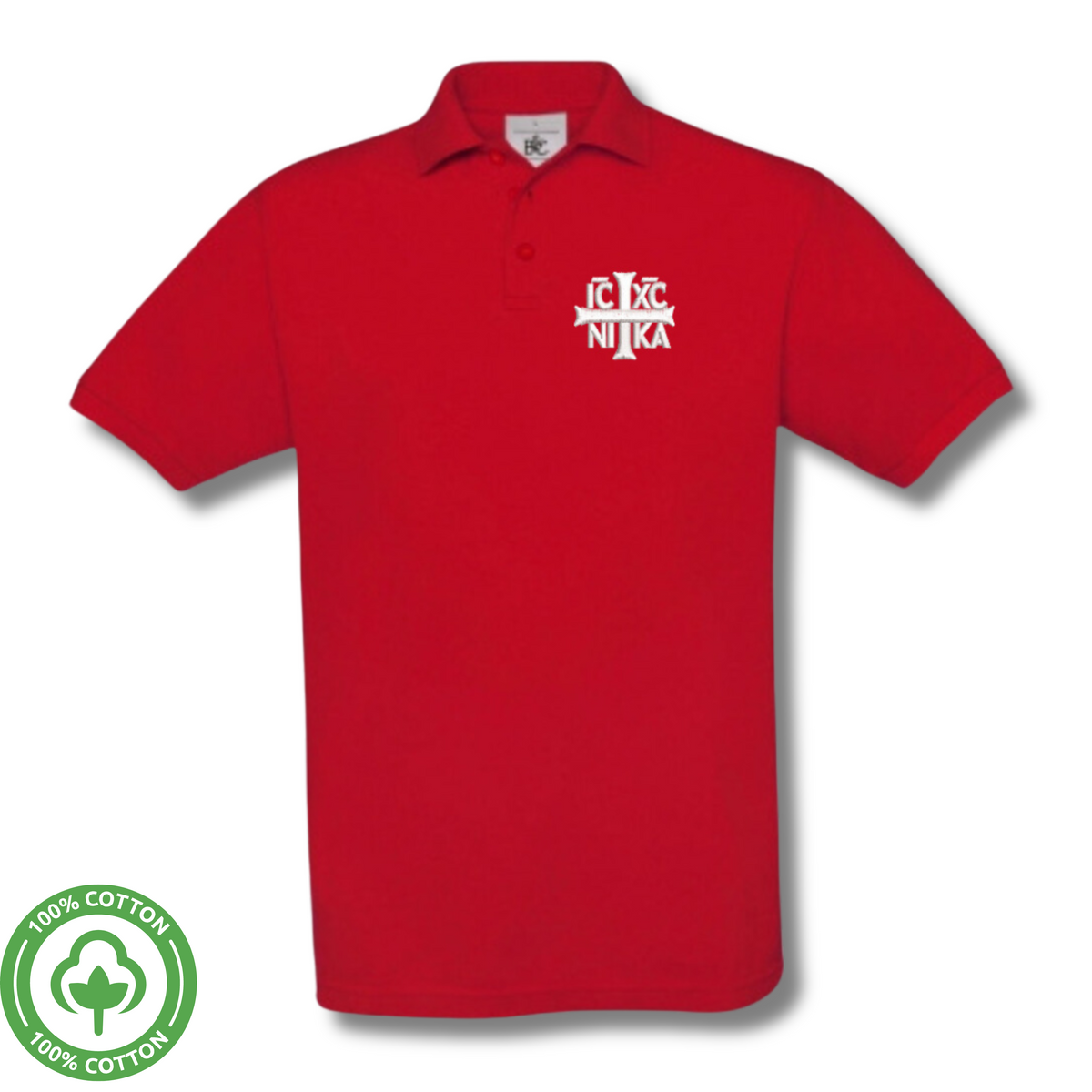 Red SACRAL Orthodox Polo Shirt | Embroidered Holy Cross & IC XC NIKA | Organic Cotton