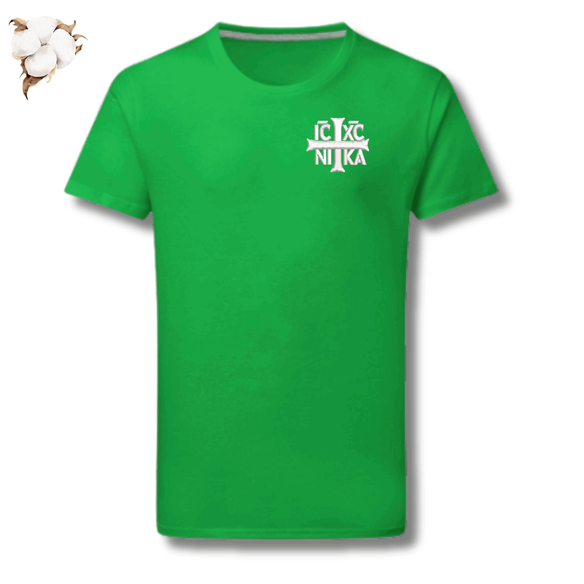 Green SACRAL Orthodox T-Shirt | Embroidered Holy Cross & IC XC NIKA | Premium Cotton