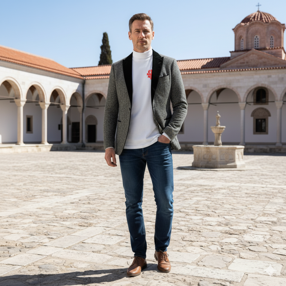 White SACRAL Turtleneck | Embroidered Orthodox Jesus Christ Monogram | 100% Ring-Spun Cotton