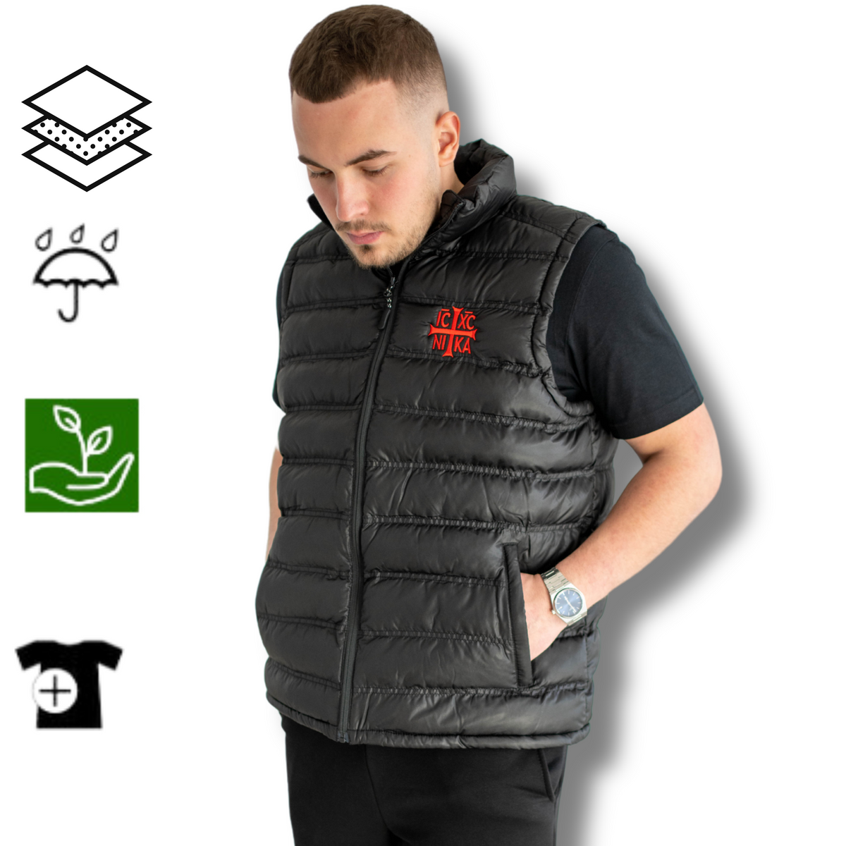 SACRAL Black Orthodox Puffer Vest | Embroidered Holy Cross & IC XC NIKA | Waterproof