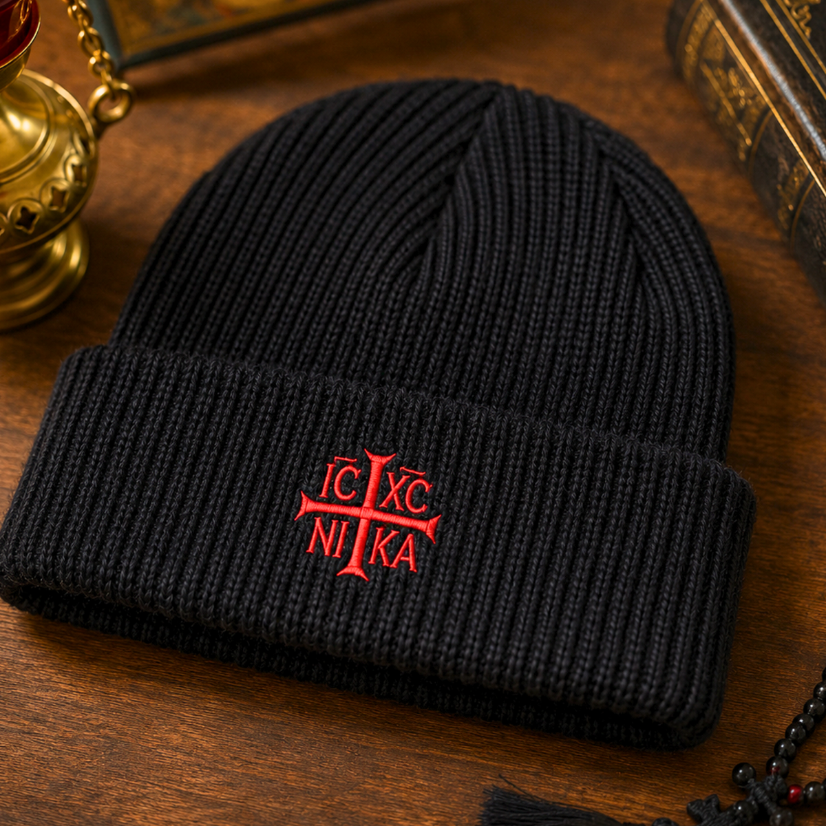 SACRAL Knitted Orthodox Beanie | Embroidered Holy Cross & IC XC NIKA | Made in Romania