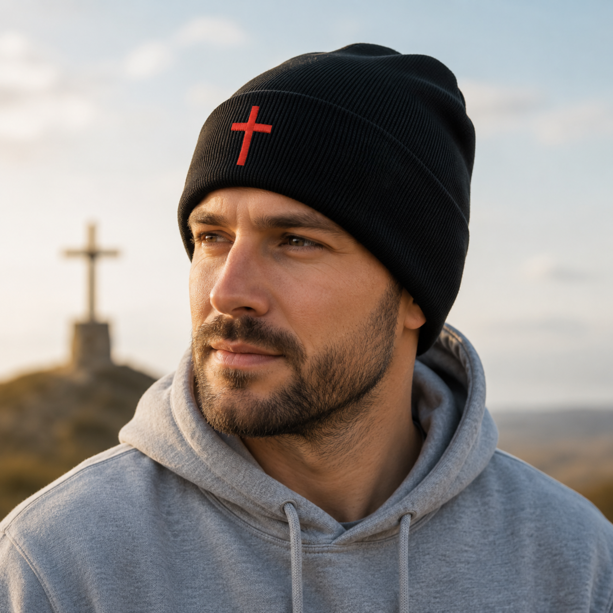 SACRAL Organic Cotton Orthodox Beanie | Embroidered Red Holy Cross