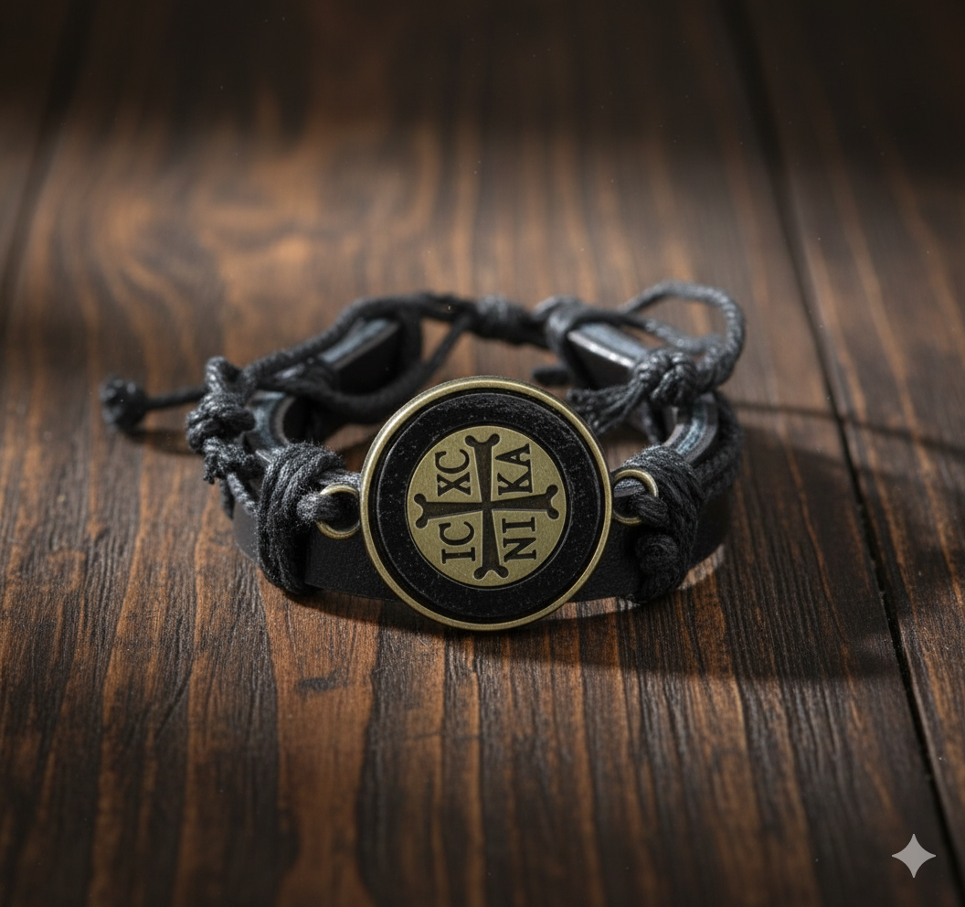 Genuine Leather Orthodox Bracelet with Holy Cross & IC XC NIKA