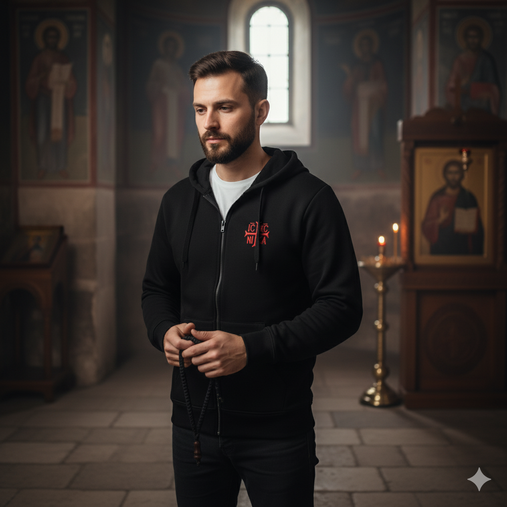 SACRAL Orthodox Hoodie | Embroidered Holy Cross & IC XC NIKA | Ring-Spun Combed Cotton