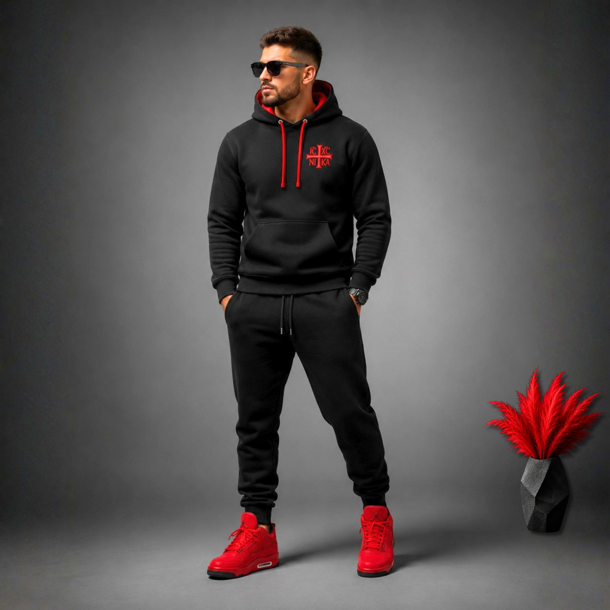 Black & Red SACRAL Orthodox Tracksuit | Embroidered IC XC NIKA | Certified Cotton