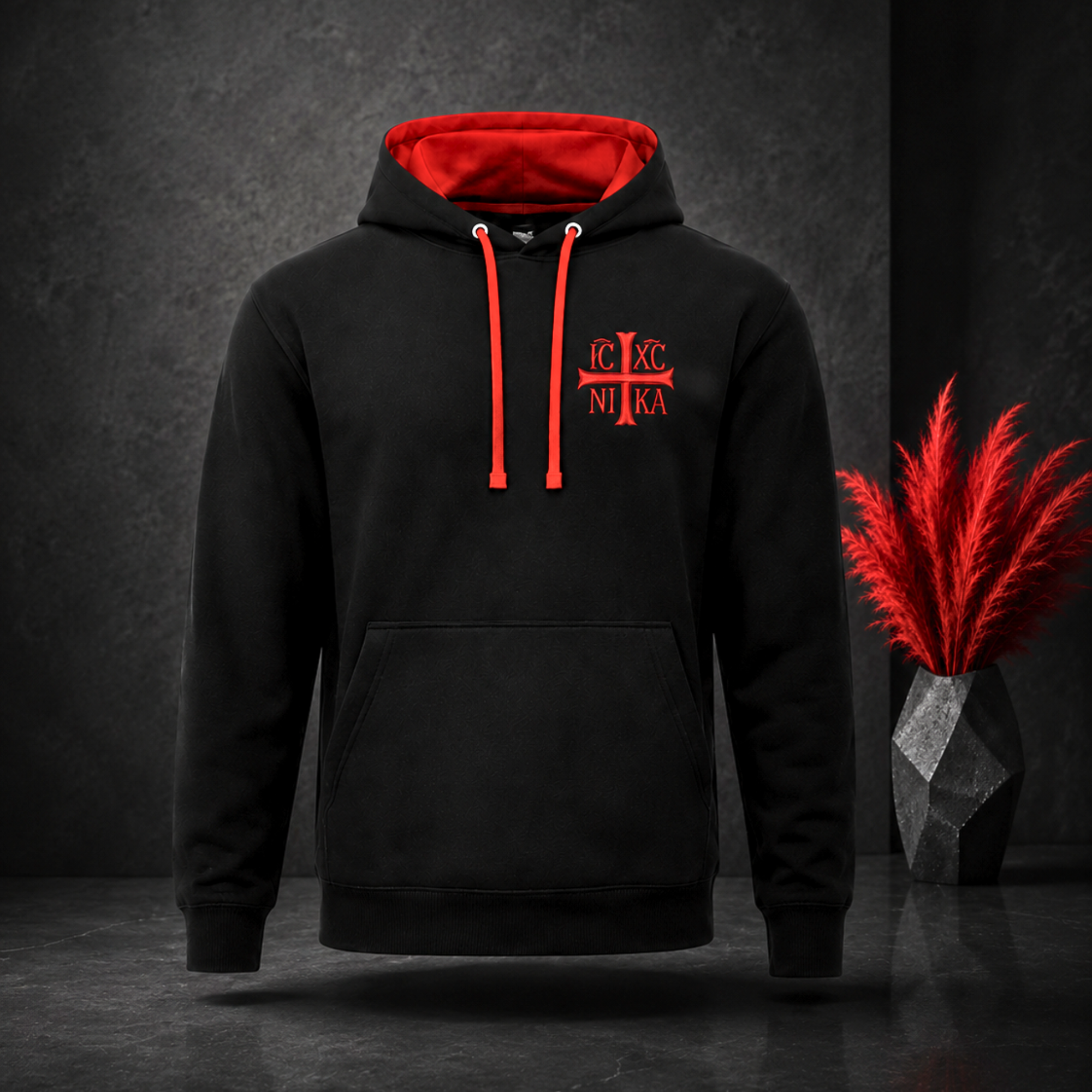 SACRAL Black & Red Orthodox Hoodie | Embroidered Holy Cross & IC XC NIKA | Certified Cotton