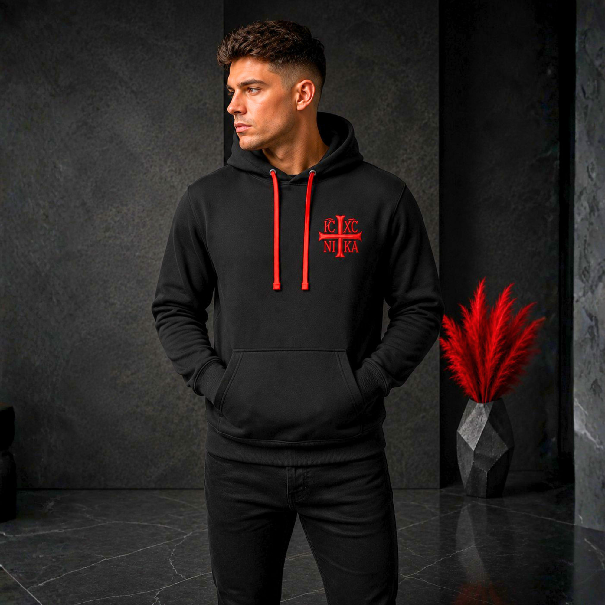 SACRAL Black & Red Orthodox Hoodie | Embroidered Holy Cross & IC XC NIKA | Certified Cotton