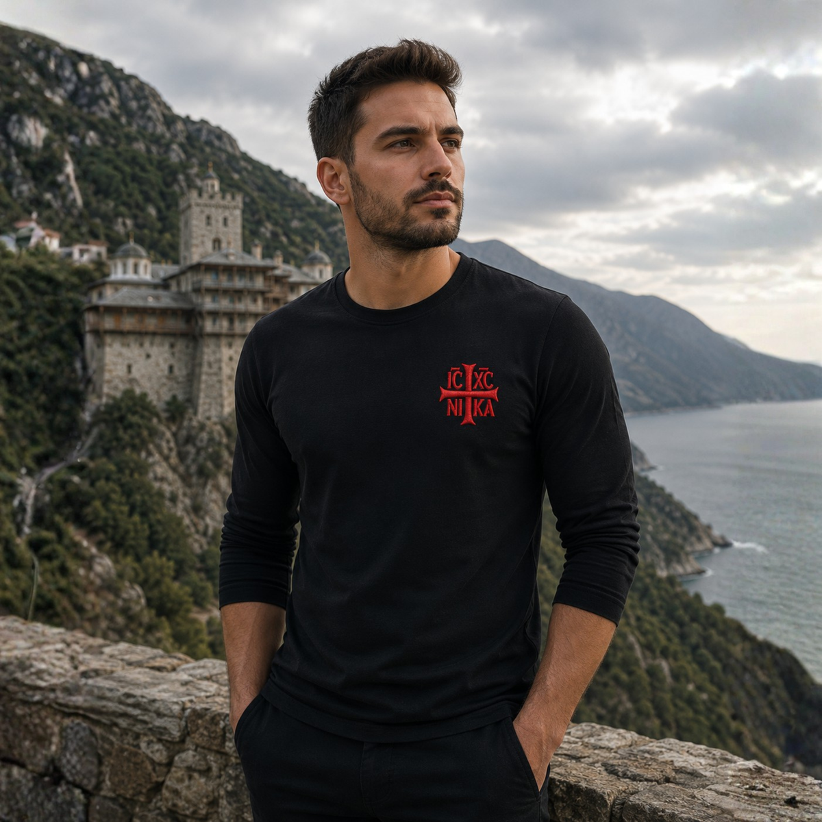 SACRAL Lightweight Orthodox Long-Sleeve Top | Embroidered Holy Cross & IC XC NIKA | Mount Athos Pilgrimage