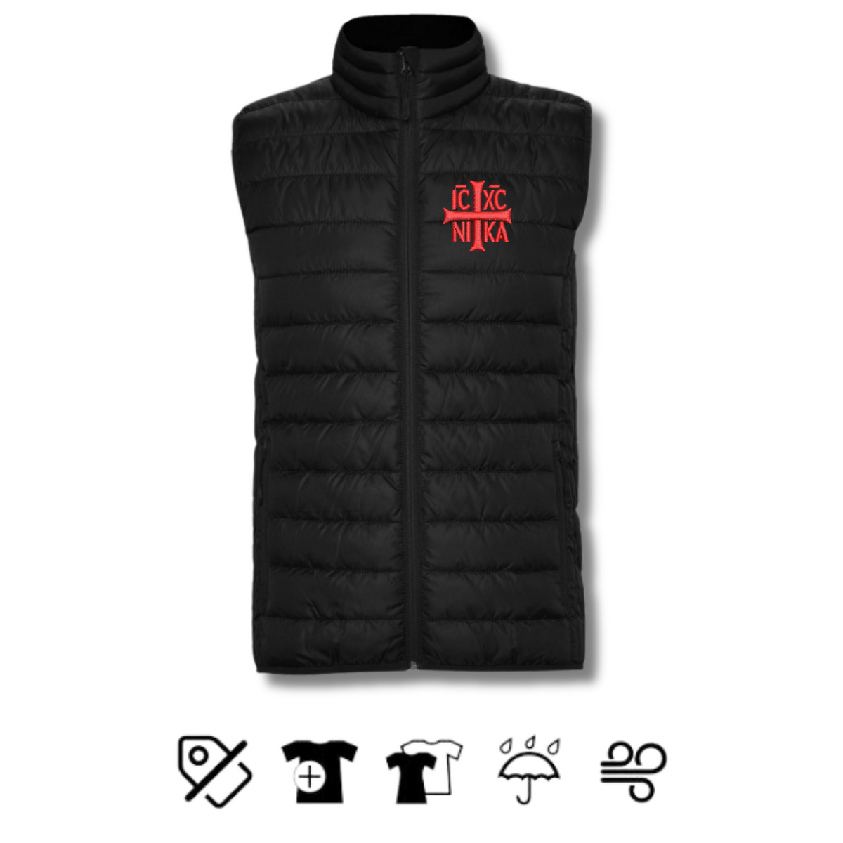 SACRAL Black Orthodox Puffer Vest | Embroidered Holy Cross & IC XC NIKA | Waterproof